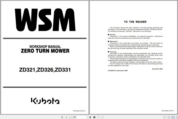 Kubota Zero Turn Mower ZD321 ZD326 ZD331 Workshop Manual 9Y111 00092 1