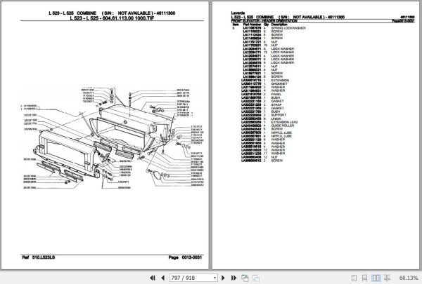 Laverda Combine L 523 L 525 Parts Catalog 46111300 3