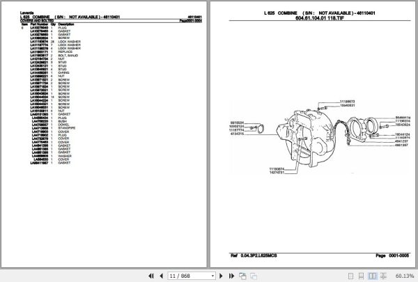 Laverda Combine L 625 Parts Catalog 46110401 2