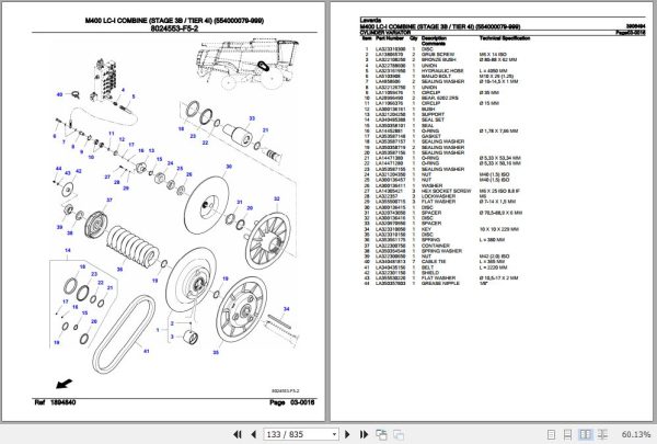 Laverda Combine M400 LC I Parts Catalog 3906494 3