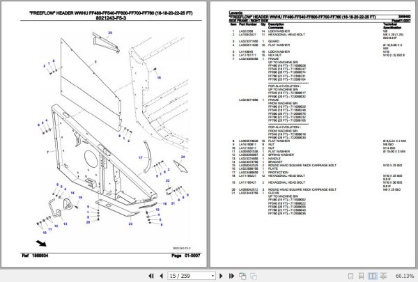 Laverda Freeflow Header WWHU FF480 FF540 FF600 FF700 FF760 Parts Catalog 3906492 2