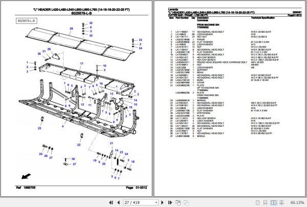 Laverda L Header L420 L480 L540 L600 L660 L760 Parts Catalog 3906491 3