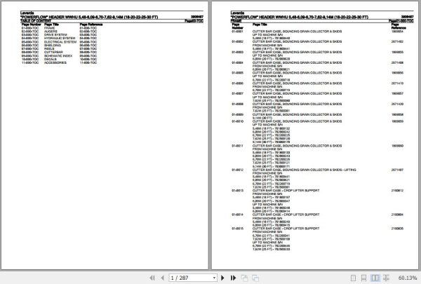 Laverda Powerflow Header WWHU 5.48M 6.09M 6.70M 7.62M 9.14M Parts Catalog 3906497 1