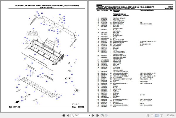 Laverda Powerflow Header WWHU 5.48M 6.09M 6.70M 7.62M 9.14M Parts Catalog 3906497 2