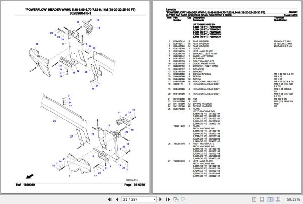 Laverda Powerflow Header WWHU 5.48M 6.09M 6.70M 7.62M 9.14M Parts Catalog 3906497 3