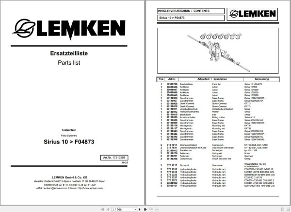 Lemken Mounted Field Sprayers Sirius 10 Parts Catalog 17512298 1
