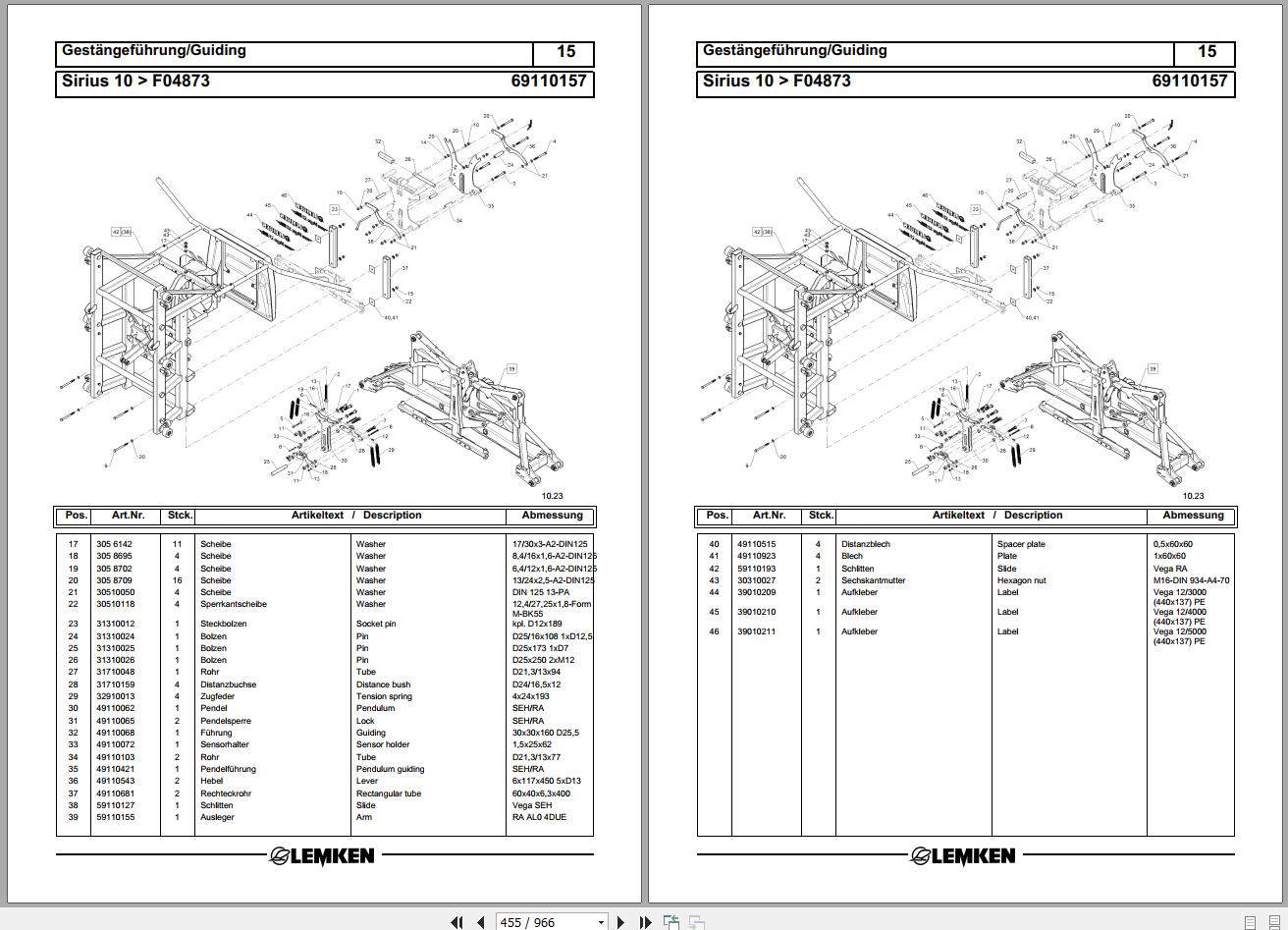 Lemken Mounted Field Sprayers Sirius 10 Parts Catalog 17512298
