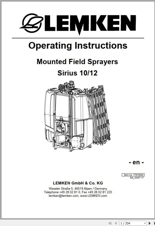Lemken Mounted Field Sprayers Sirius 10 Sirius 12 Operating Instructions 17510542 1