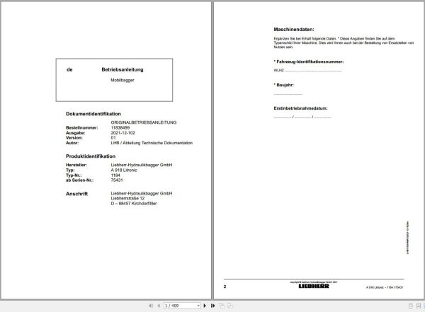 Liebherr Excavator A918 Litronic 75431 Operating Instructions 1