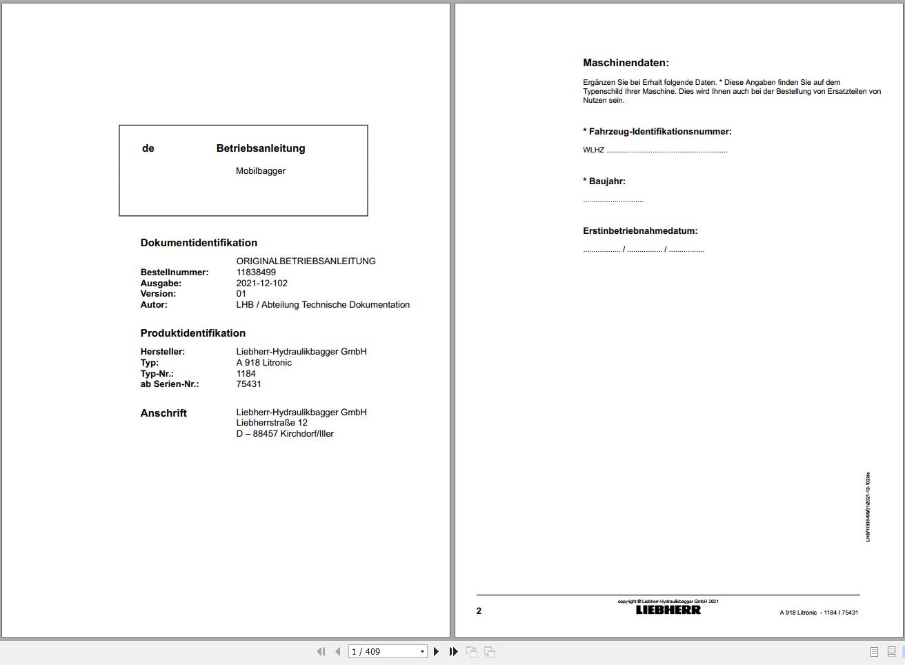 Liebherr Excavator A918 Litronic 75431 Operating Instructions 1