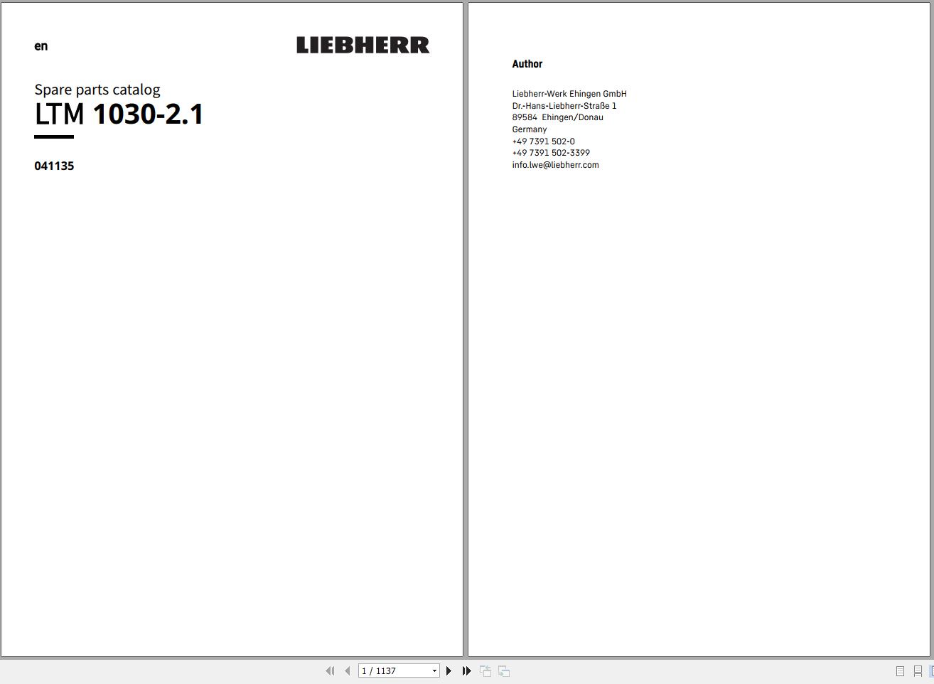 Liebherr Mobile Crane LTM 1030 2.1 041135 Spare Parst Catalog 1