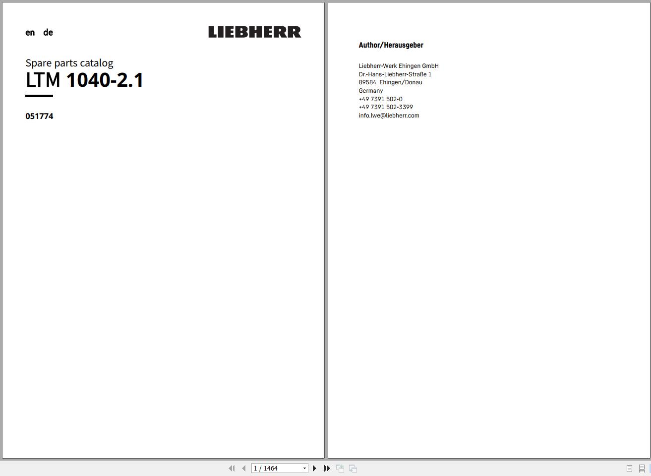 Liebherr Mobile Crane LTM 1040 2.1 051774 Spare Parts Catalog 1