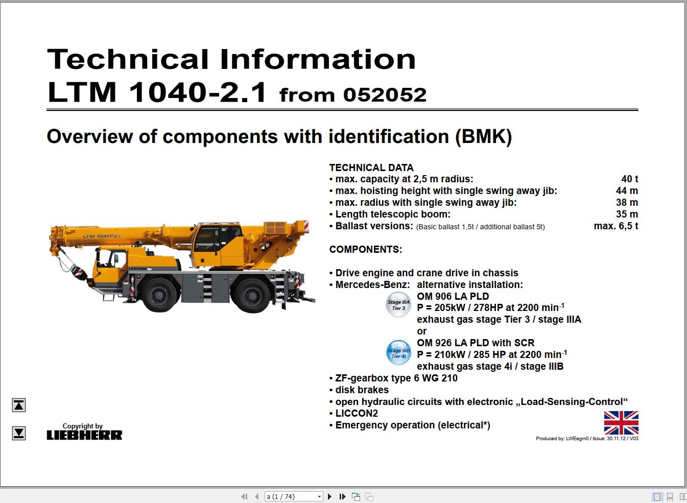 Liebherr Mobile Crane LTM 1040 2.1 052150 Operating Parts Technical Manual Wiring Diagram 1