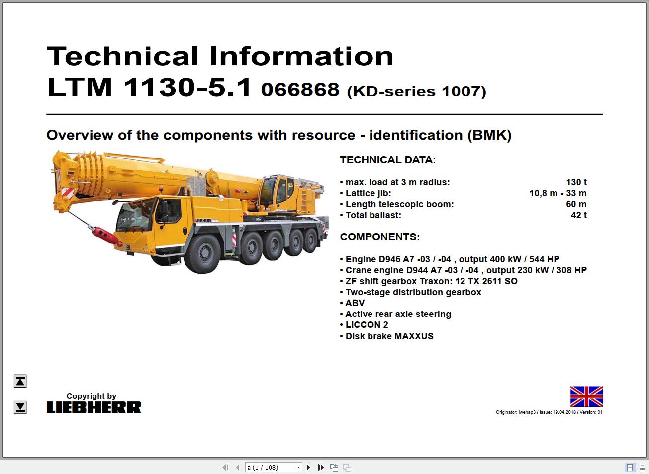Liebherr Mobile Crane LTM 1130 5.1 066988 Operating Parts Technical Manual Wiring Diagram 1