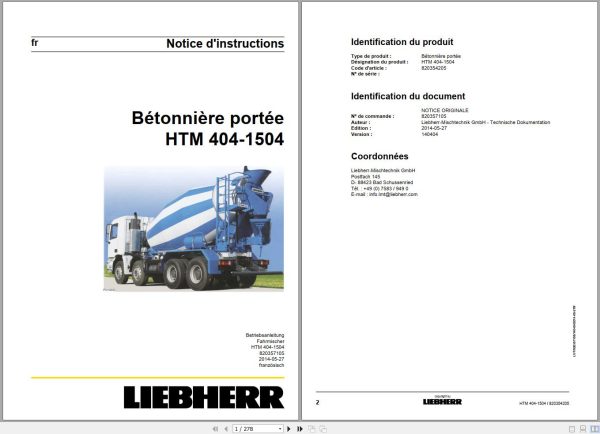 Liebherr Truck Mixer HTM0704S 04.02 964970 Operating Parts Manual Electrical Schematic 1