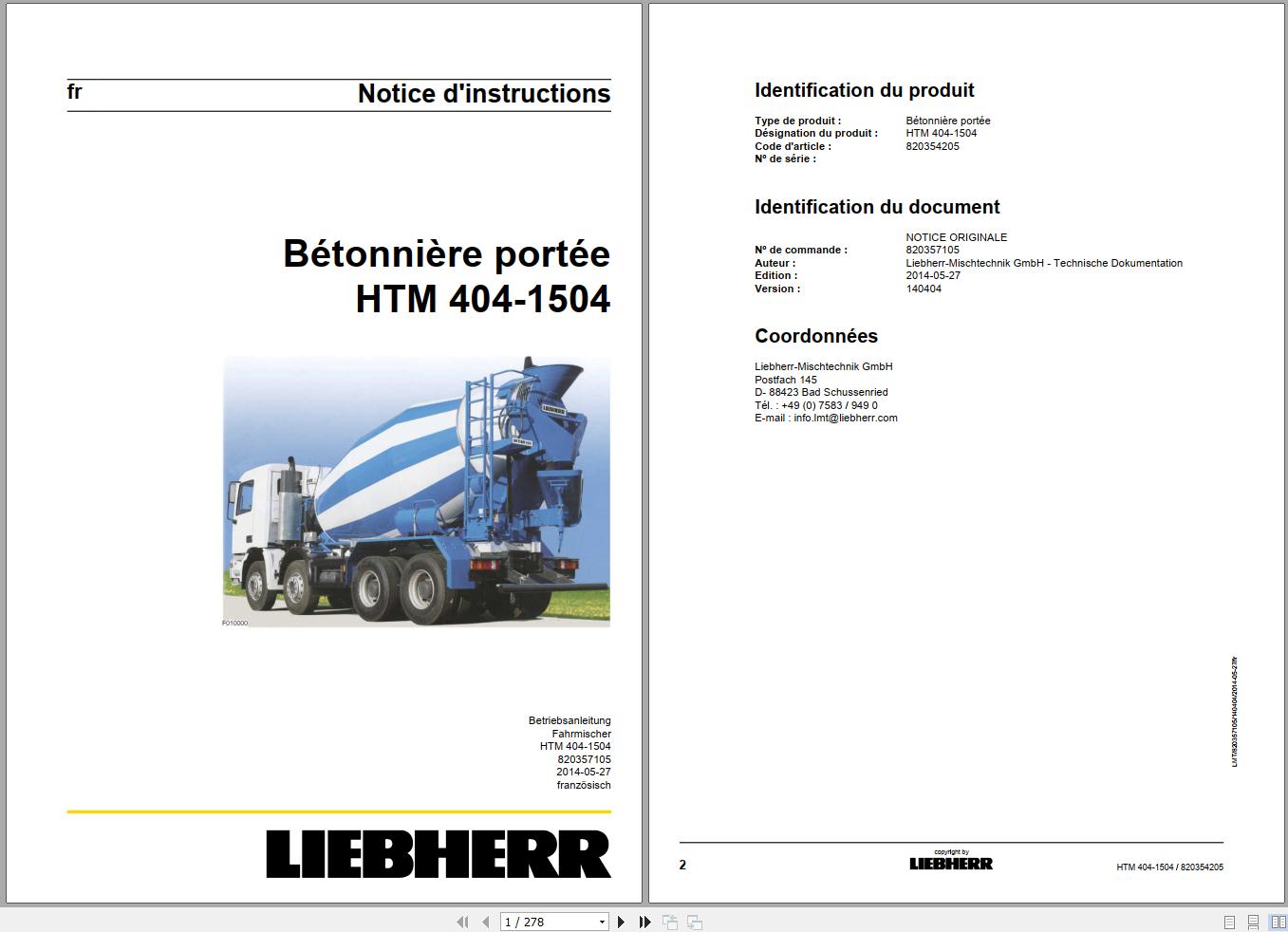 Liebherr Truck Mixer HTM0704S 04.02 964974 Operating Parts Manual Electrical Schematic 1