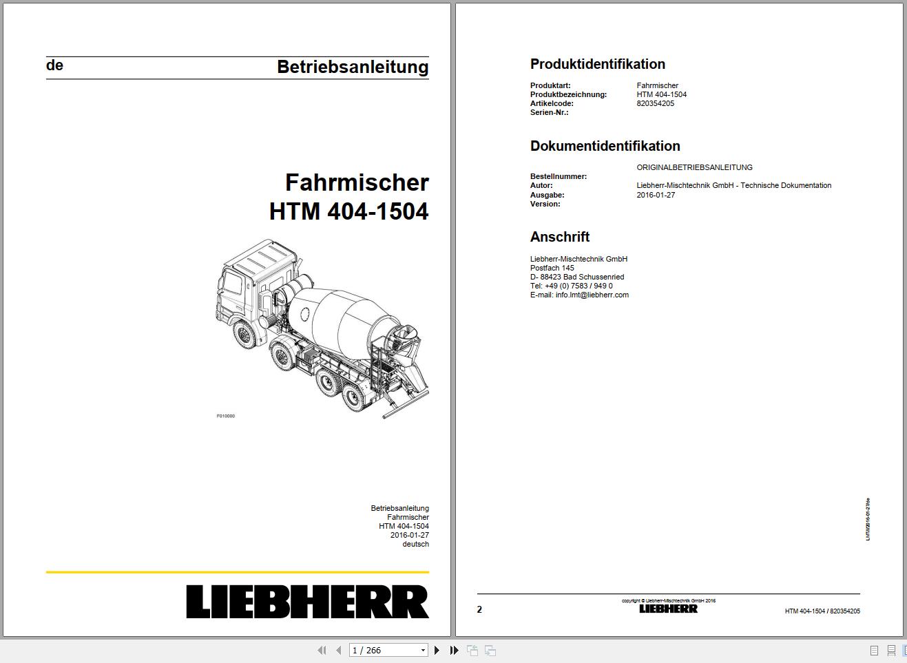 Liebherr Truck Mixer HTM0704S 04.02 964980 Operating Parts Manual Electrical Schematic 1