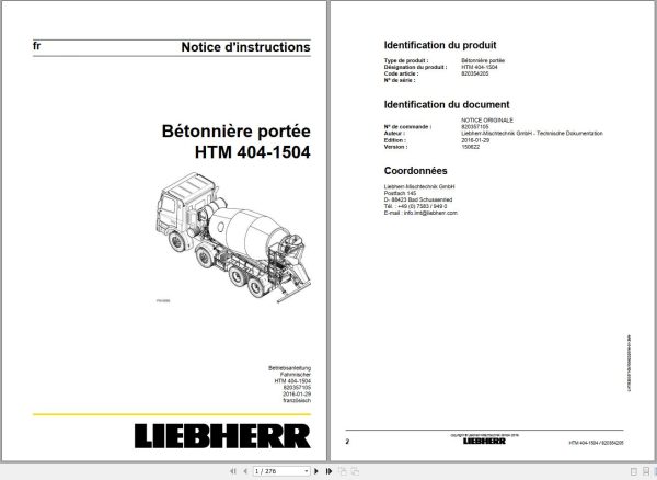 Liebherr Truck Mixer HTM0904F 06.00 964095 Operating Parts Manual 1