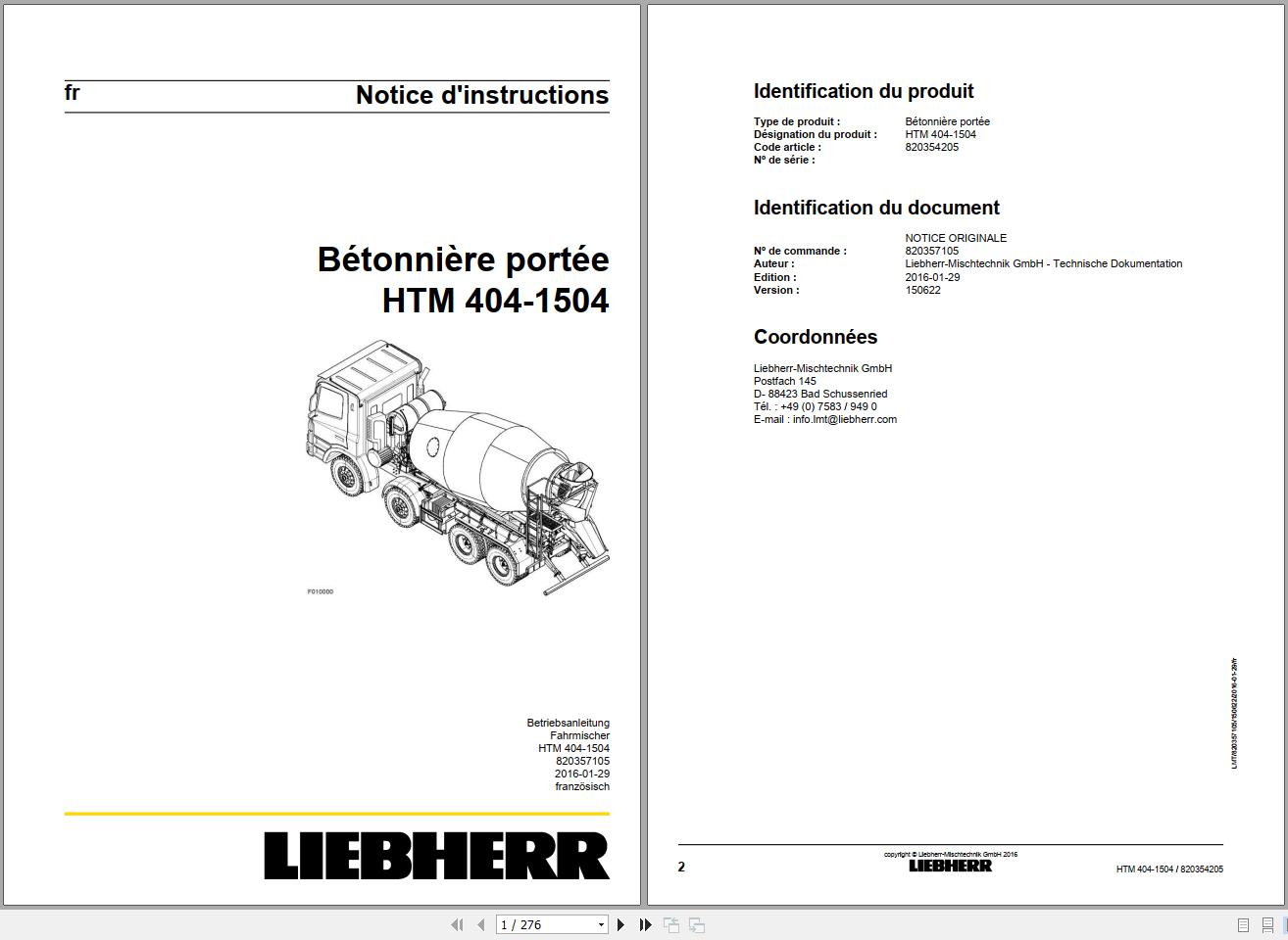 Liebherr Truck Mixer HTM0904F 06.00 964912 Operating Parts Manual Wiring Diagram 1