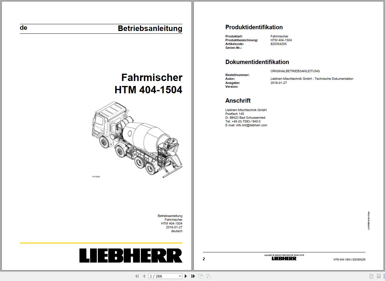 Liebherr Truck Mixer HTM704S 04.02 969523 Operating Parts Manual Electrical Schematic 1