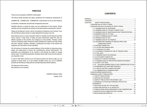 Lonking Wheel Loader CDM856DF Operation and Maintenance Manual ES 1