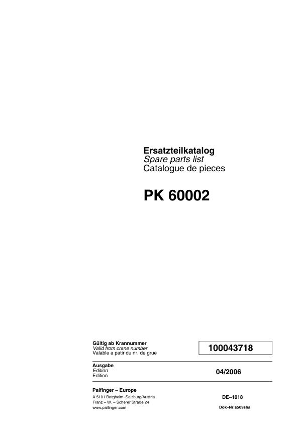 Palfinger Crane PK 60002 Spare Parts Catalog 1