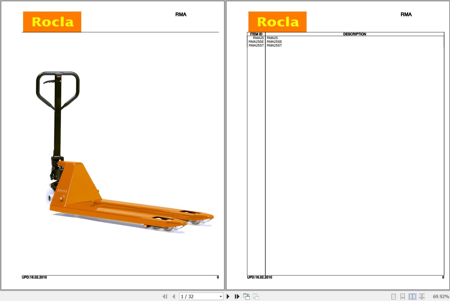 Rocla Pallet Trucks RMA25 RMA25SE RMA25ST Parts Catalog 2010 1