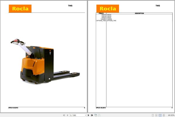Rocla Pallet Trucks TWS16 TWS18 TWS20 TWS20SE Parts Catalog 2012 1