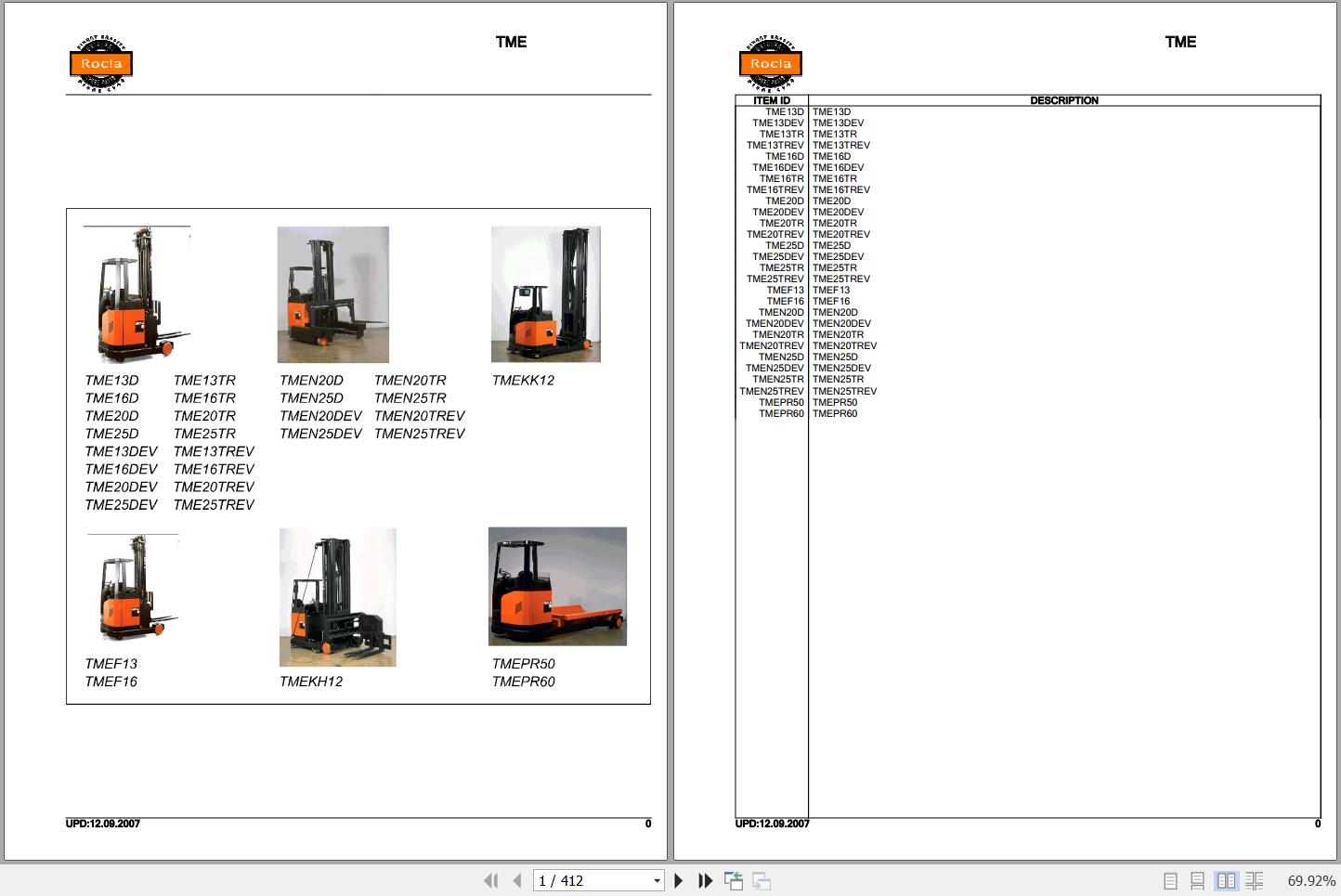 Rocla Reach Trucks TME13D to TMEPR60 Parts Catalog 2007 1