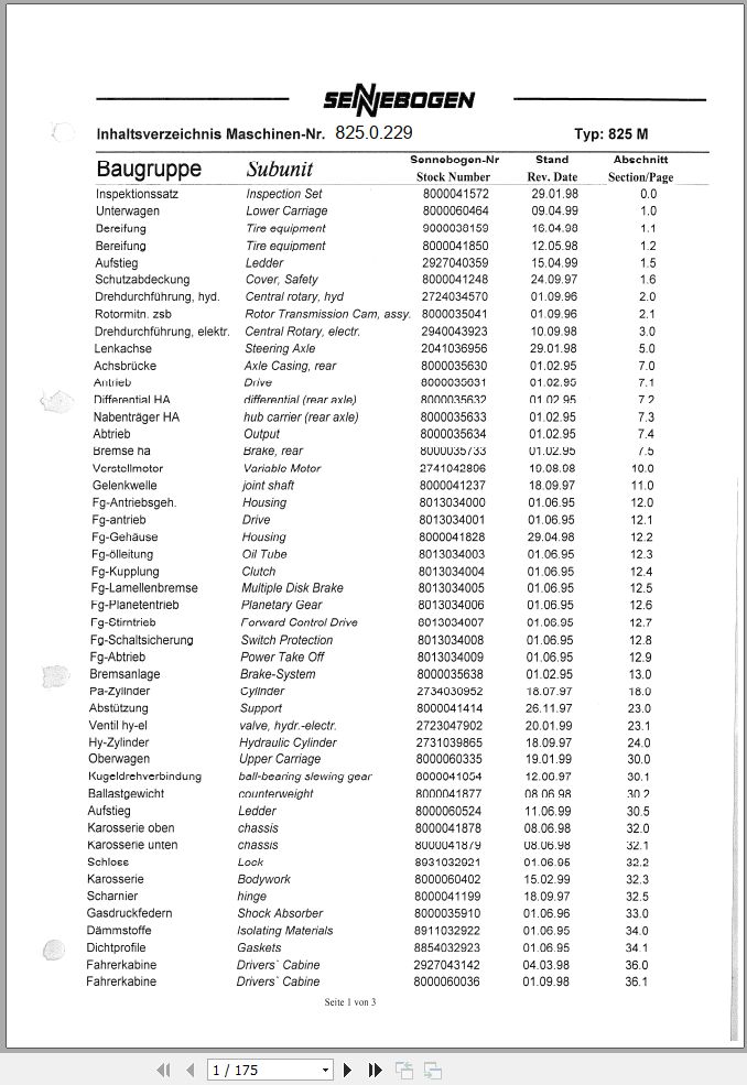 Sennebogen Material Handlers 825 825.0.1408 Spare Parts Catalog EN DE 1