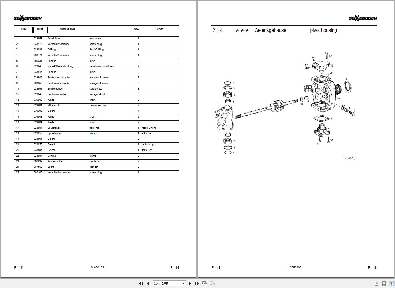 Sennebogen Material Handlers 825 825.0.285 Spare Parts Catalog EN DE 1