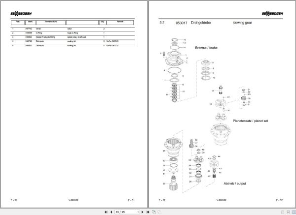 Sennebogen Material Handlers 825 825.0.285 Spare Parts Catalog EN DE 2