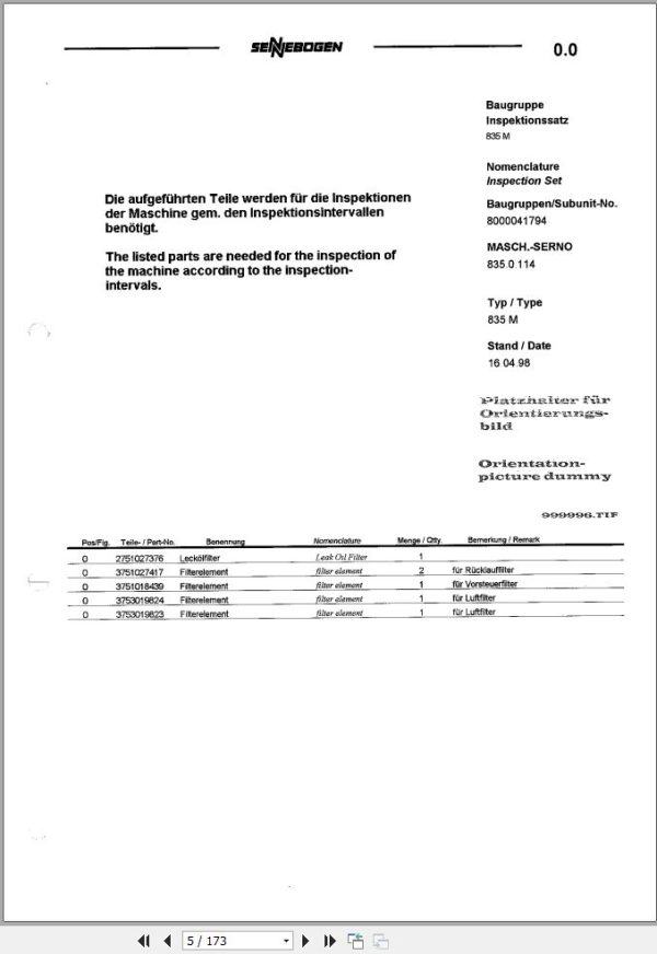 Sennebogen Material Handlers 835 835.0.517 Spare Parts Catalog EN DE 1