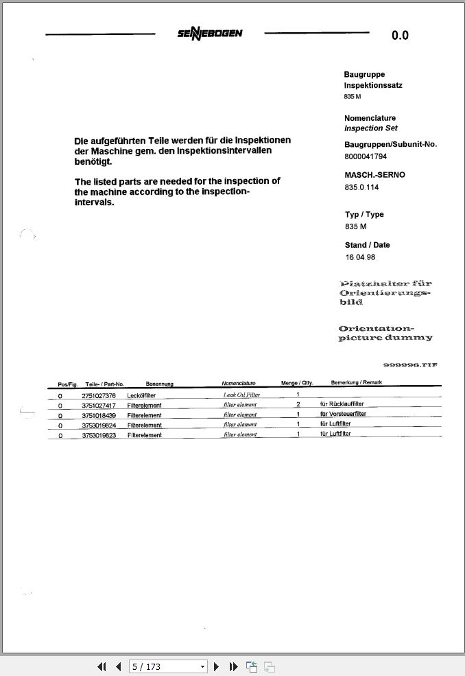 Sennebogen Material Handlers 835 835.0.517 Spare Parts Catalog EN DE 1