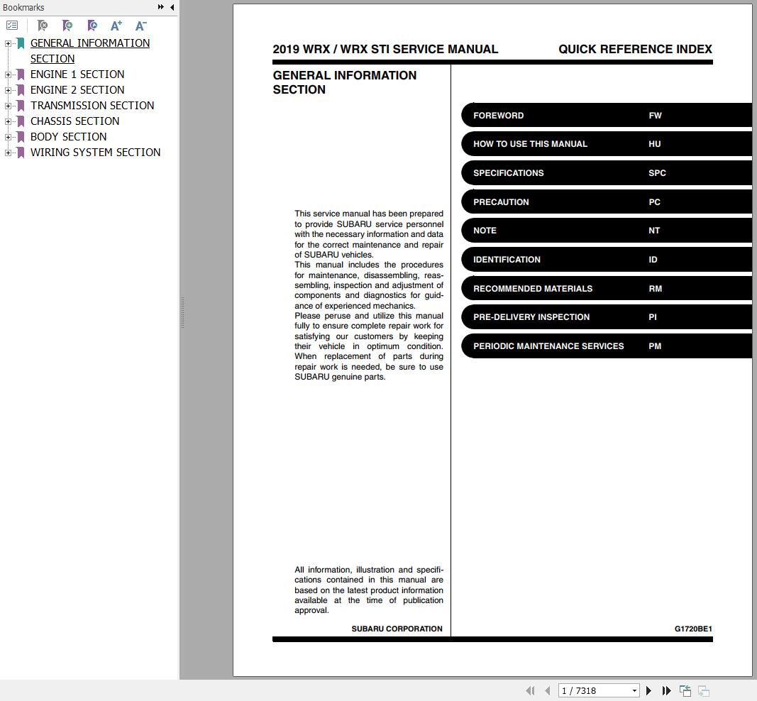 Subaru WRX and WRX STI 2019 Workshop Manual 1