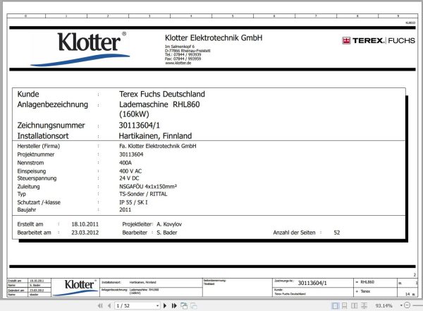 Terex Fuchs Material Handlers RHL860 Wiring Diagram 30113604 1 DE 1