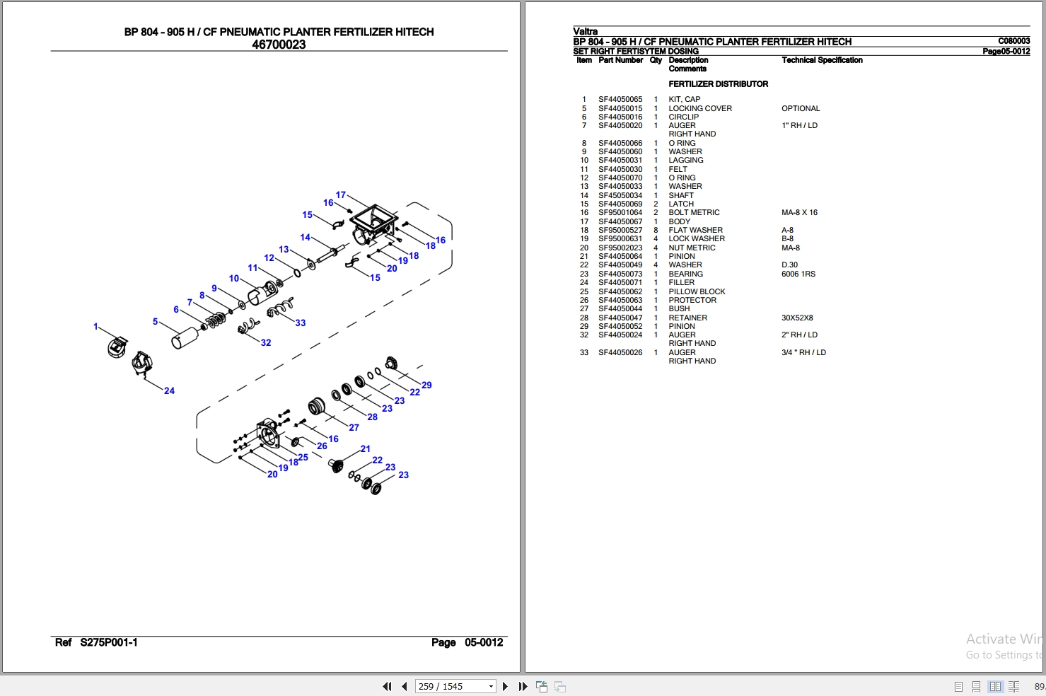 Valtra Planter Fertilizer BP804 BP905 H CF Parts Catalog C080003 2