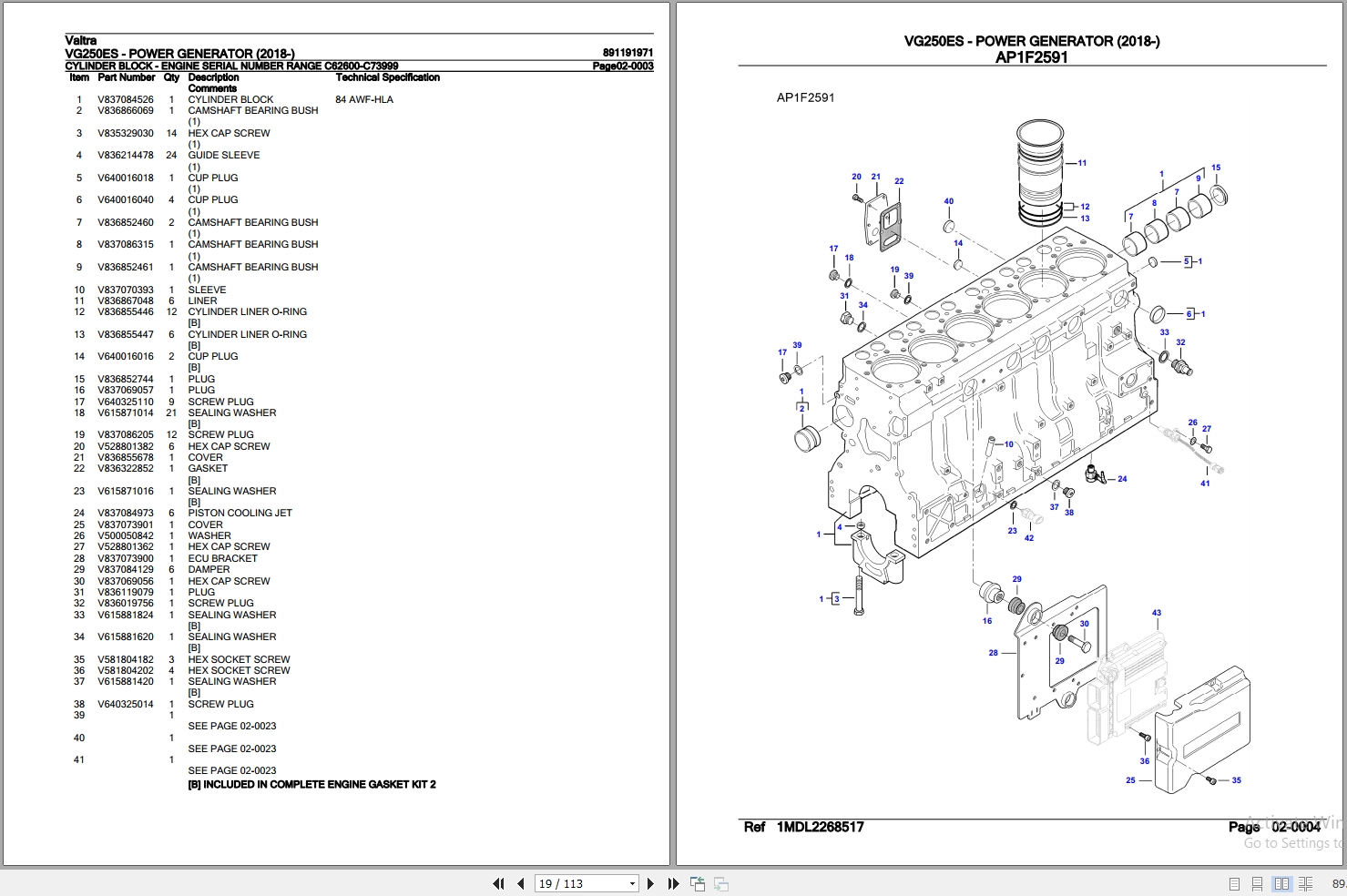 Valtra Power Generator VG250ES Parts Catalog 891191971 2018 2