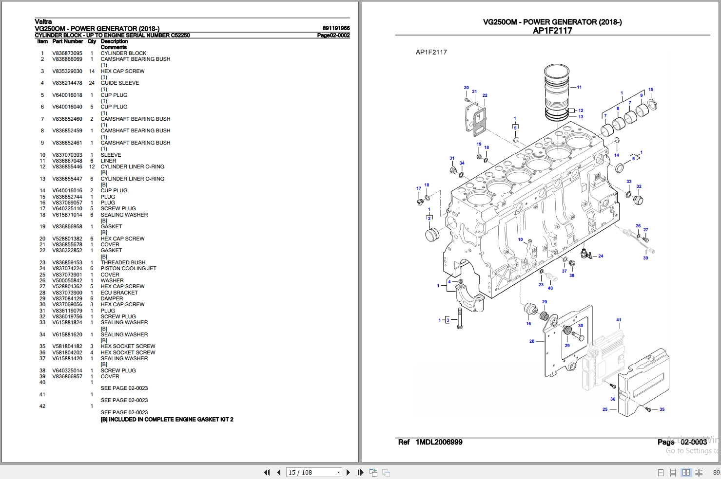 Valtra Power Generator VG250OM Parts Catalog 891191966 2018 2