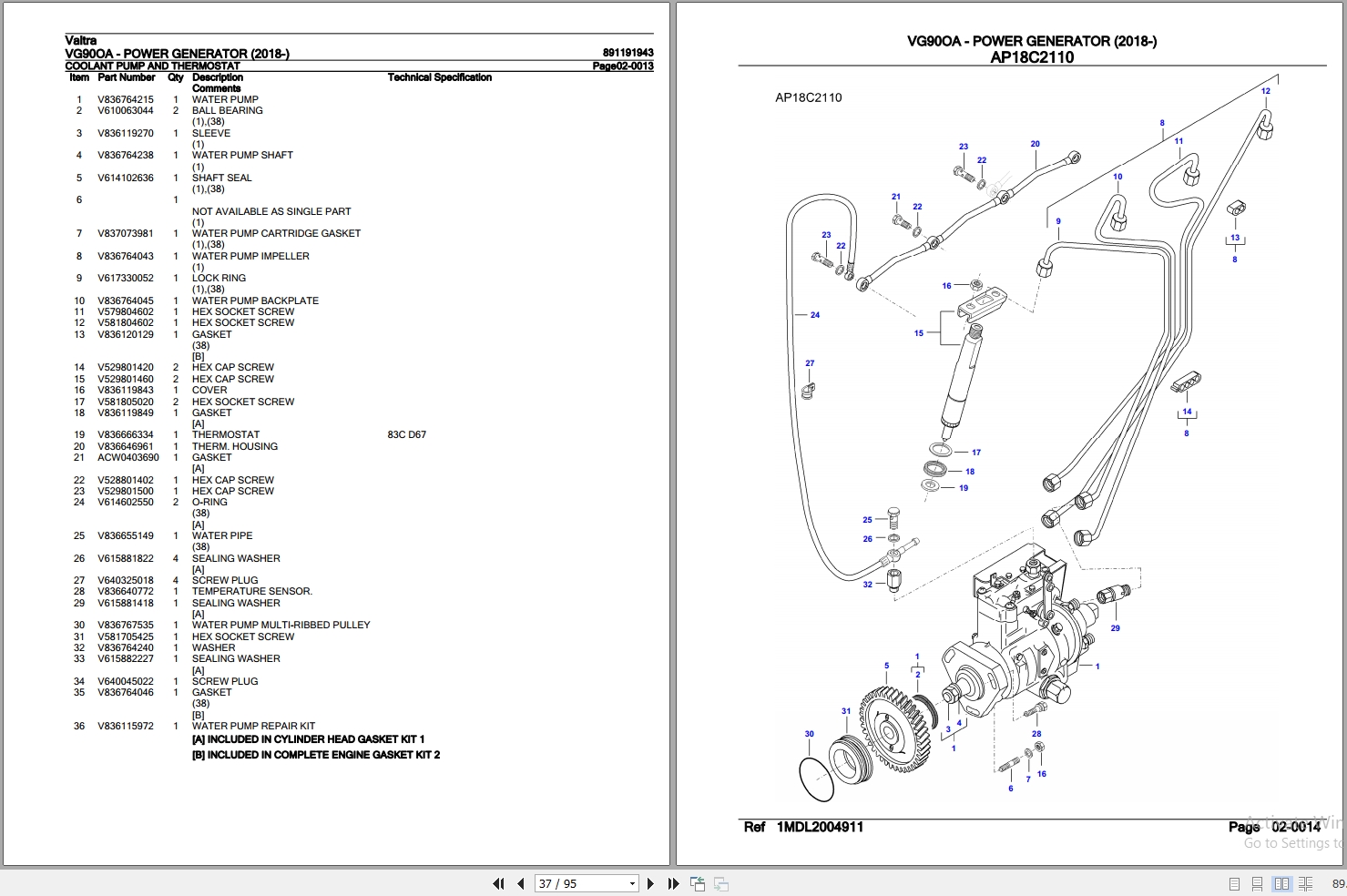 Valtra Power Generator VG90OA Parts Catalog 891191943 2018 2