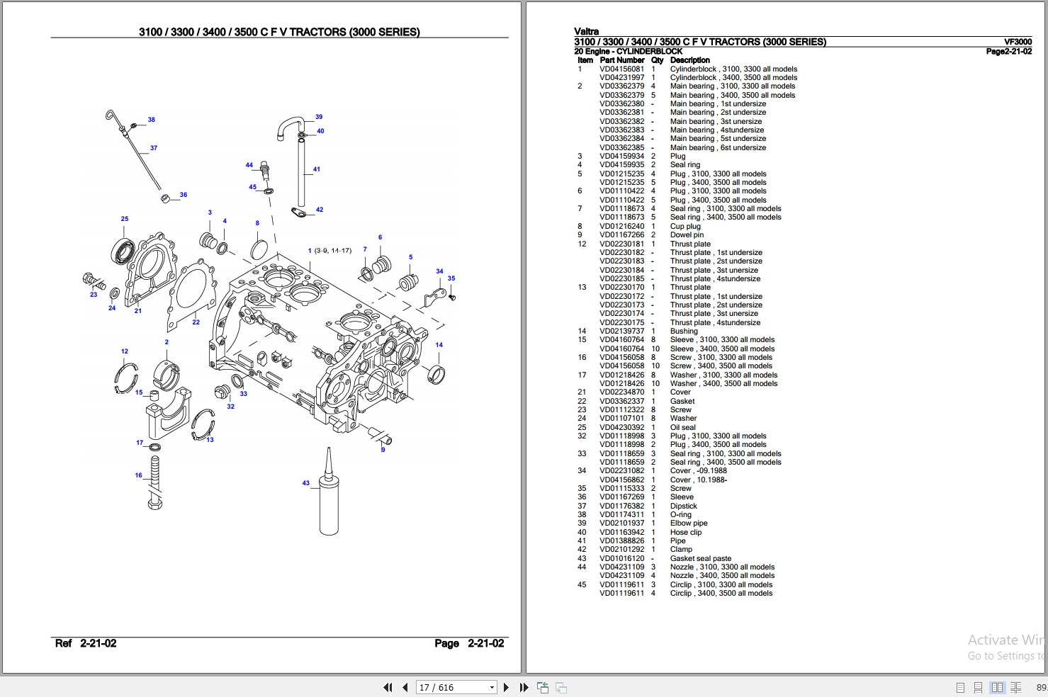 Valtra Tractor 3000 Series 3100 3300 3400 3500 C F V S Parts Catalog VF3000 2