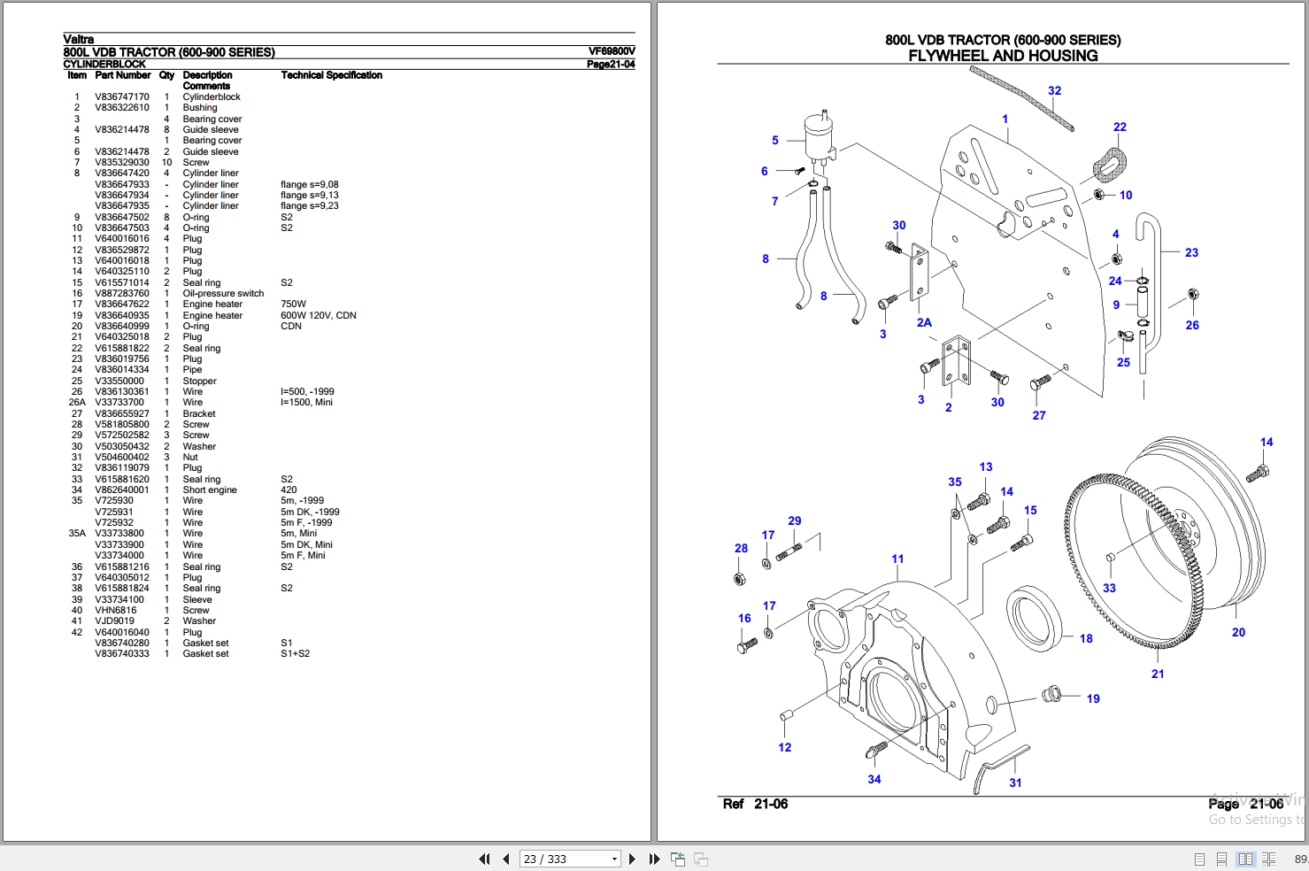 Valtra Tractor 600 900 Series 800L VDB Parts Catalog VF69800V