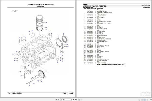 Valtra Tractor A4 Series A104MH 1C7 Parts Catalog VFA104MH1C7 2