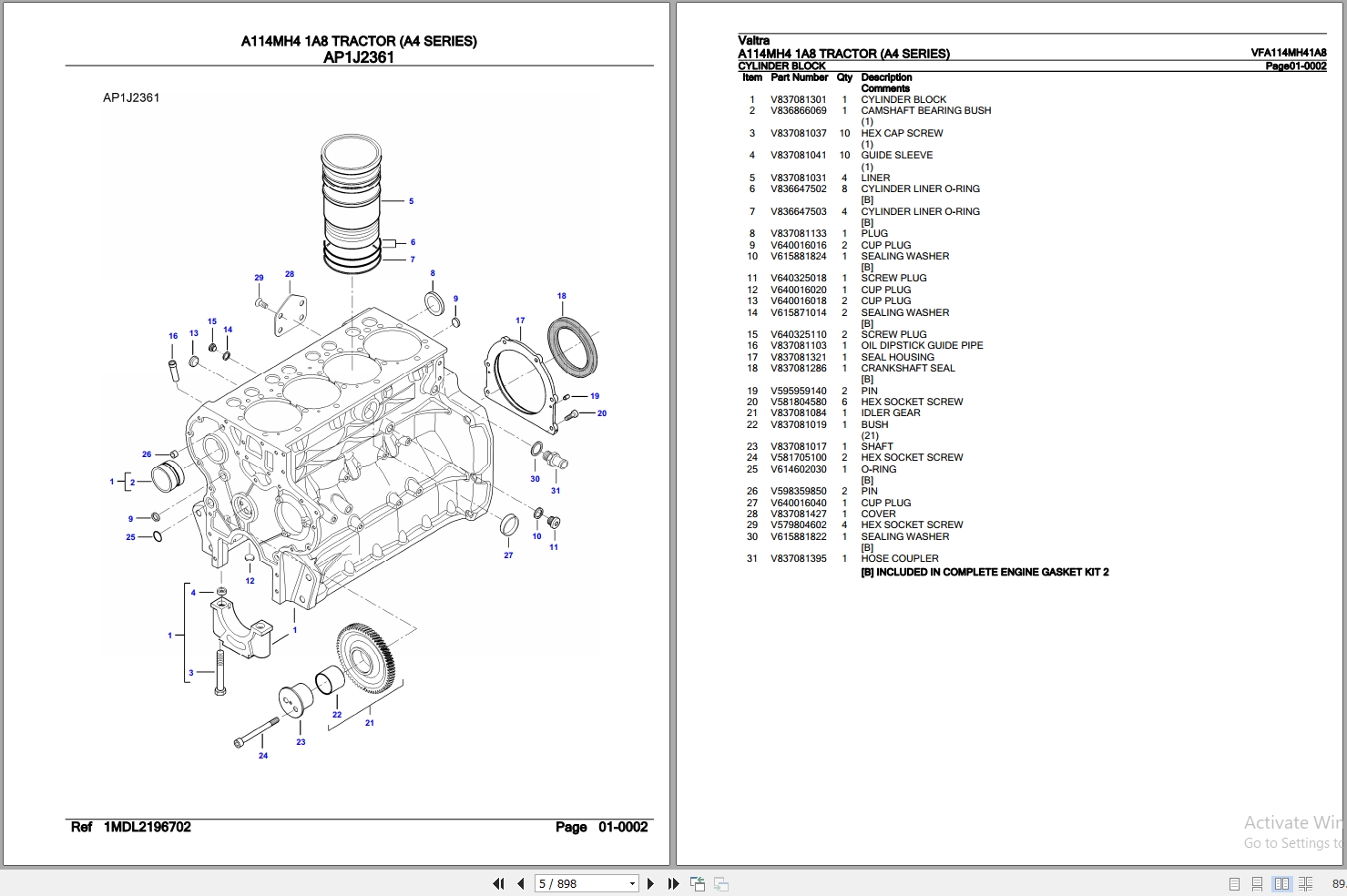 Valtra Tractor A4 Series A114MH4 1A8 Parts Catalog VFA114MH41A8 2