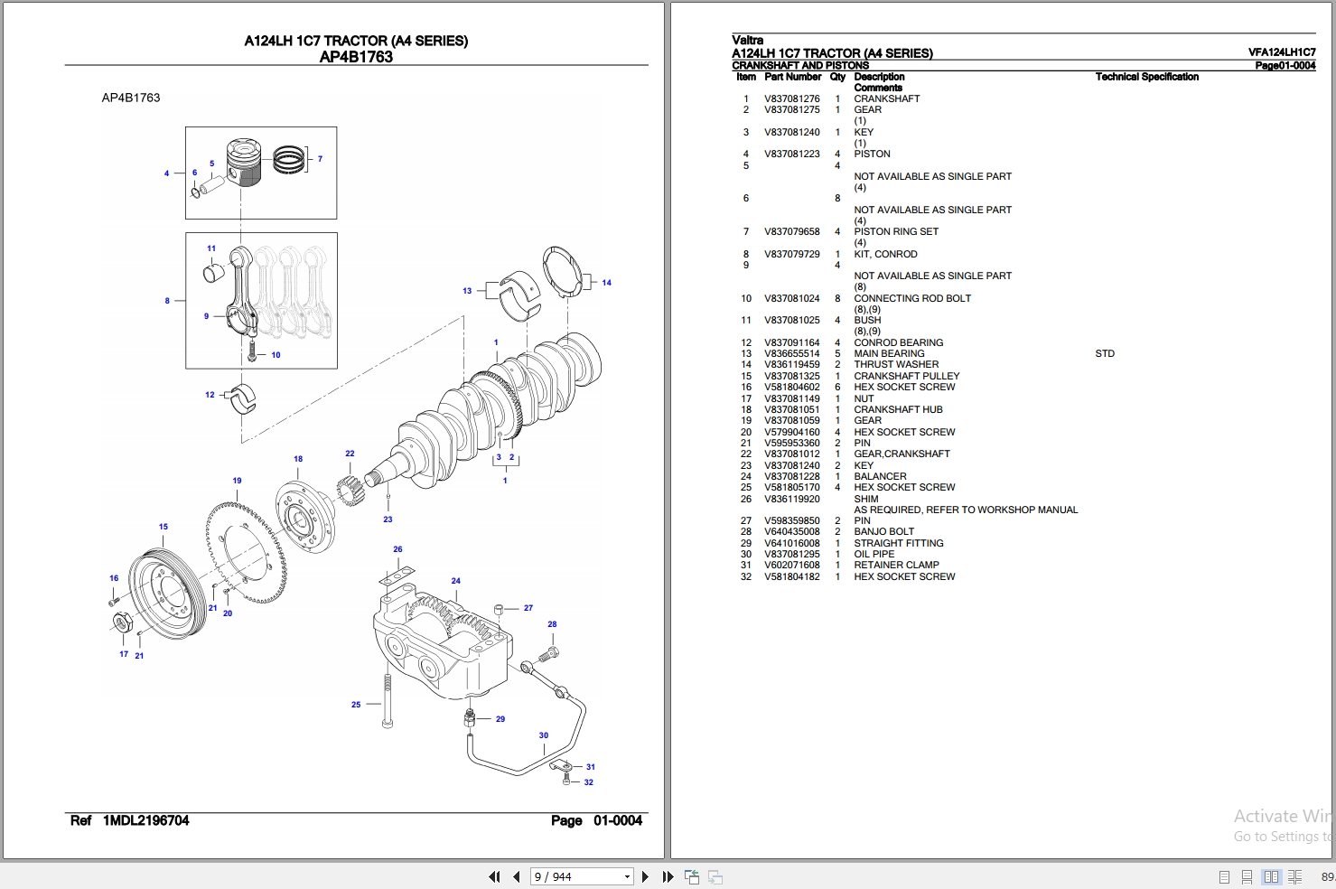 Valtra Tractor A4 Series A124LH 1C7 Parts Catalog VFA124LH1C7 2