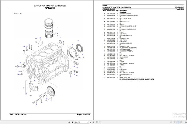 Valtra Tractor A4 Series A134LH 1C7 Parts Catalog VFA134LH1C7 2