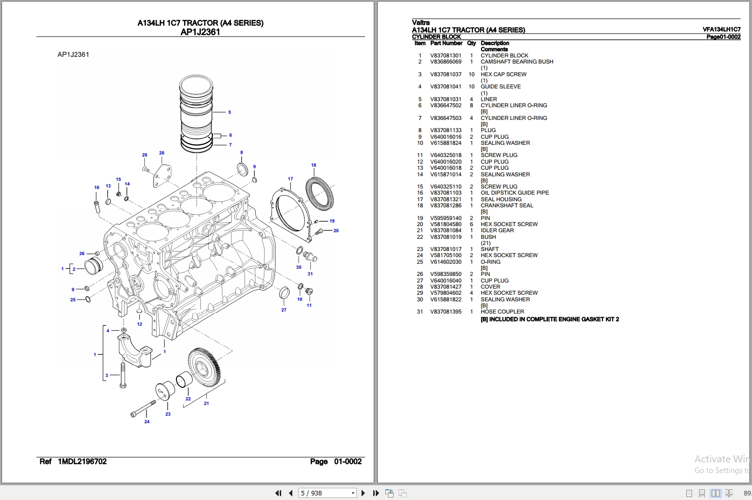 Valtra Tractor A4 Series A134LH 1C7 Parts Catalog VFA134LH1C7 2