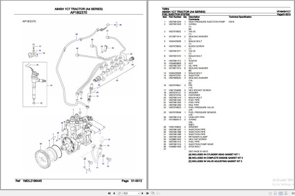 Valtra Tractor A4 Series A84SH 1C7 Parts Catalog VFA84SH1C7 3