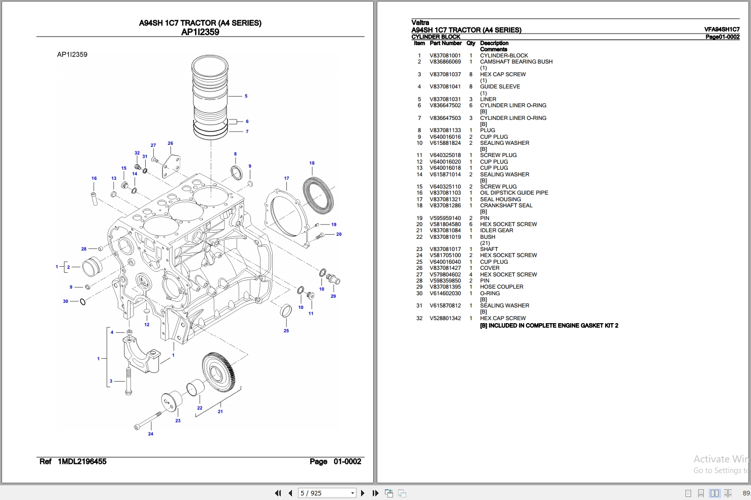 Valtra Tractor A4 Series A94SH 1C7 Parts Catalog VFA94SH1C7 2