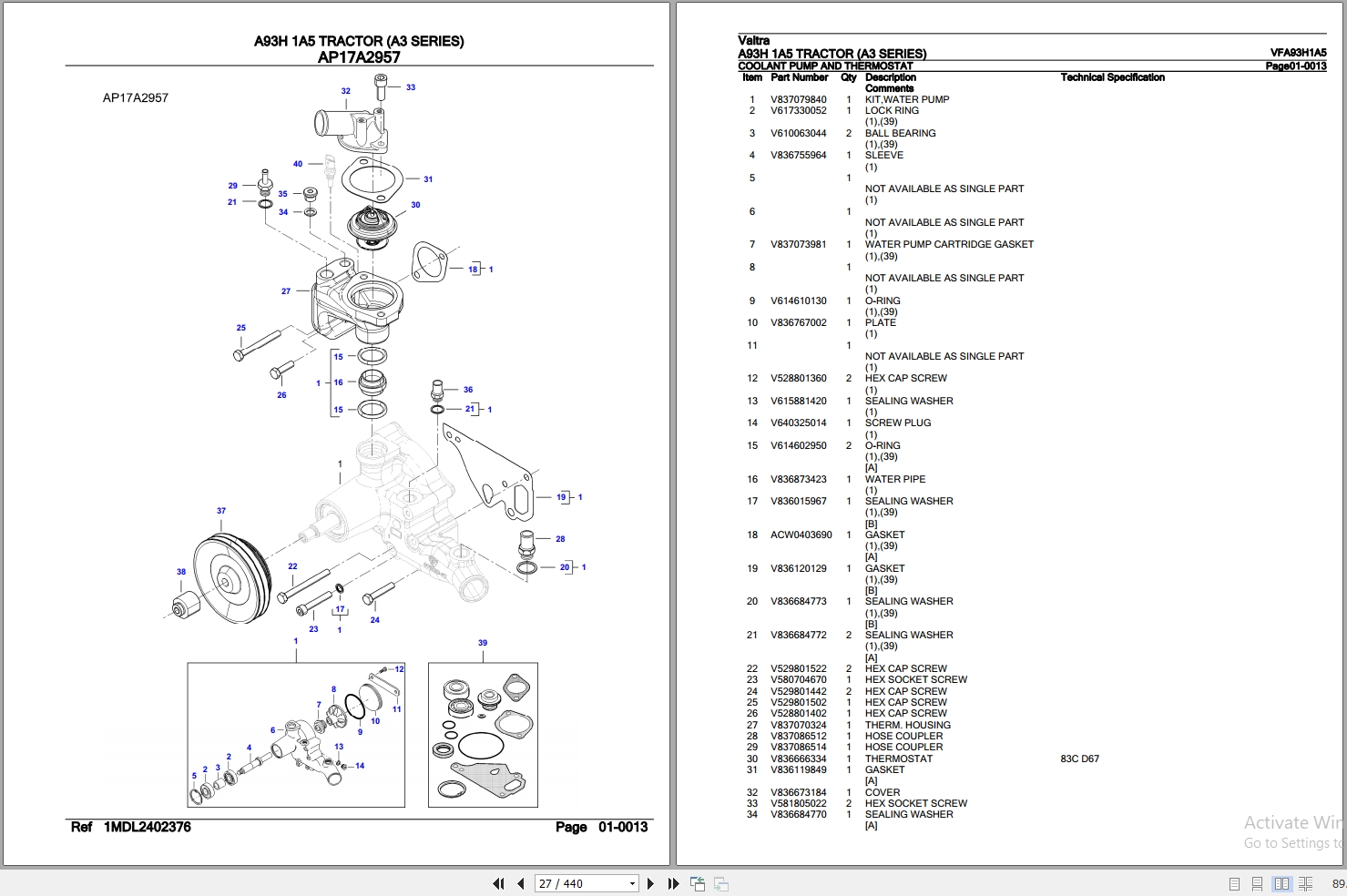 Valtra Tractor A93H 1A5 A3 Series Parts Catalog VFA93H1A5 2